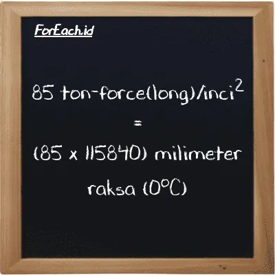 Cara konversi ton-force(long)/inci<sup>2</sup> ke milimeter raksa (0<sup>o</sup>C) (LT f/in<sup>2</sup> ke mmHg): 85 ton-force(long)/inci<sup>2</sup> (LT f/in<sup>2</sup>) setara dengan 85 dikalikan dengan 115840 milimeter raksa (0<sup>o</sup>C) (mmHg)